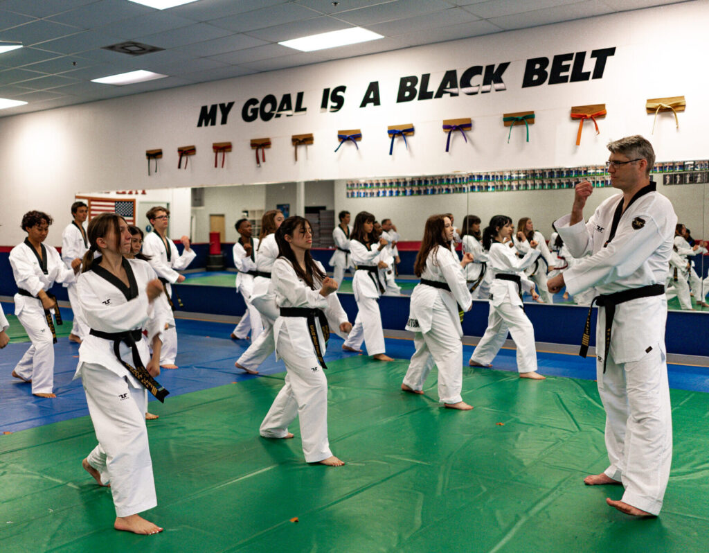 students demonstrating form to a master in front of sign that reads "My Goal is a Black Belt"